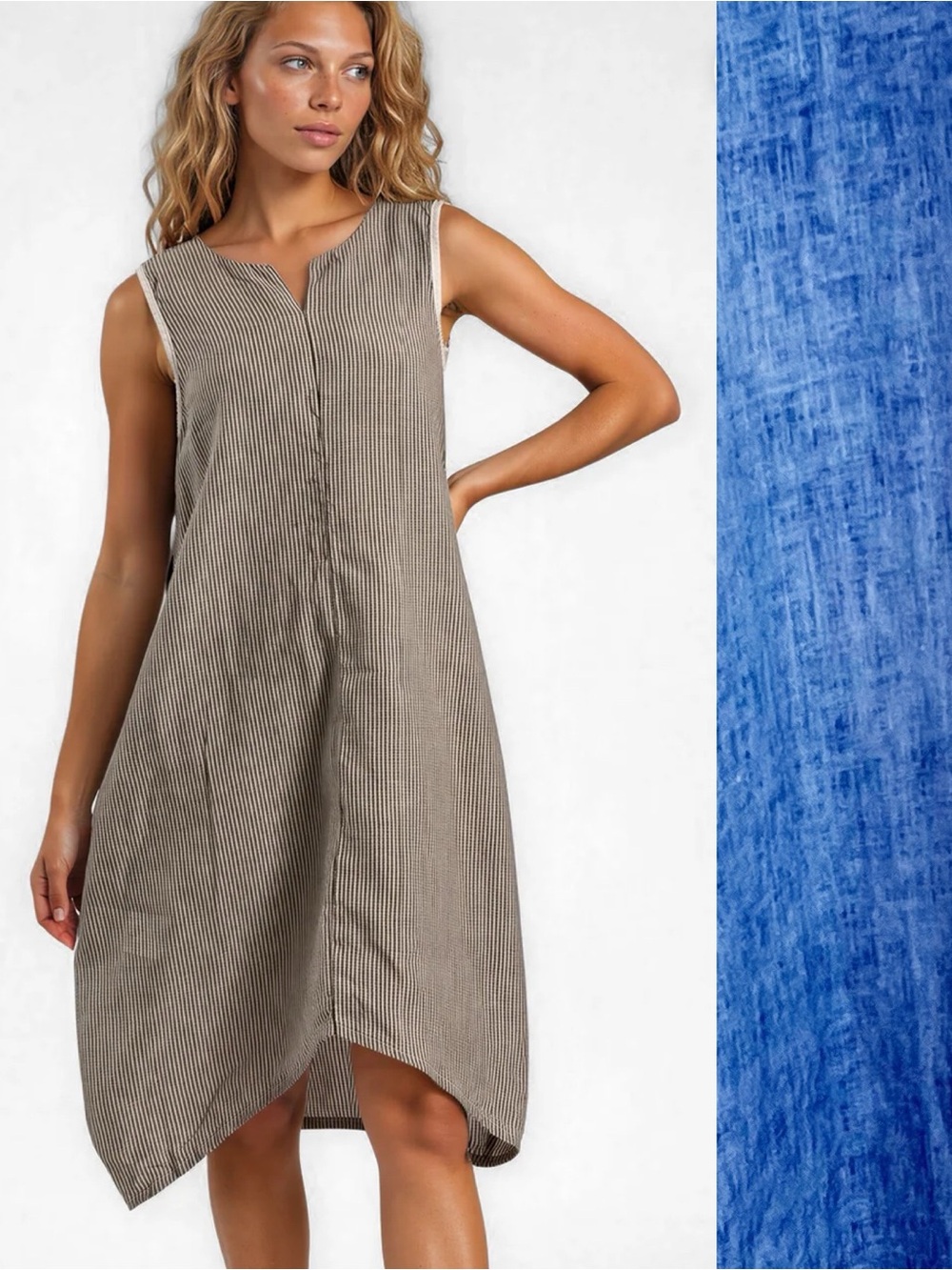 Cynthia Ashby Louise 100% Linen Asymmetric Midi Dress Blue Small